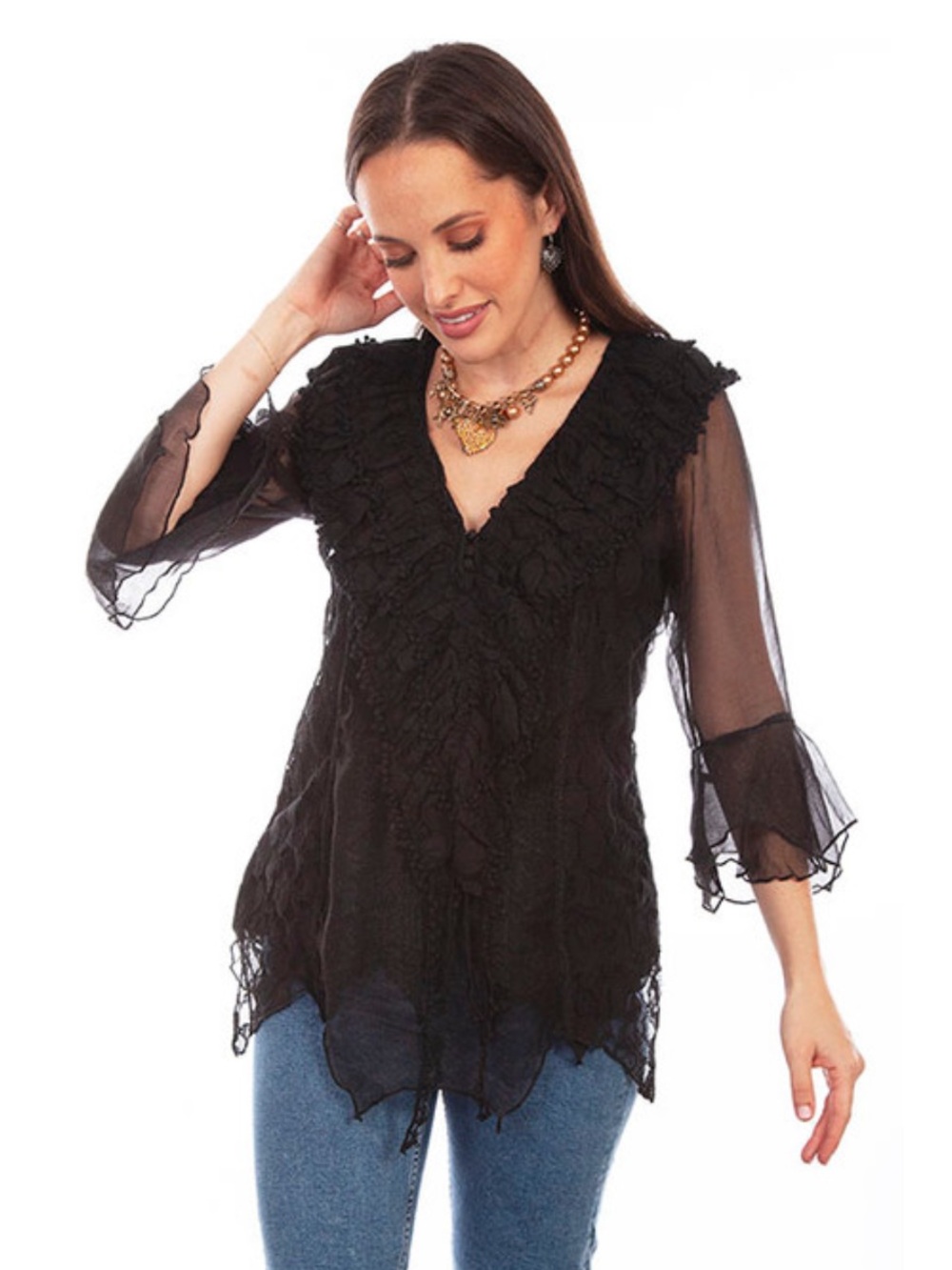 Scully Women's Shirt Honey Creek Collection Lace Ruffle V-Neck Black medium